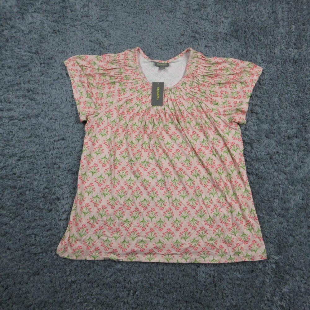 Style&Co. Shirt Womens XL Pink Floral Pleat Neck Short Sleeve Stretch Top NWT